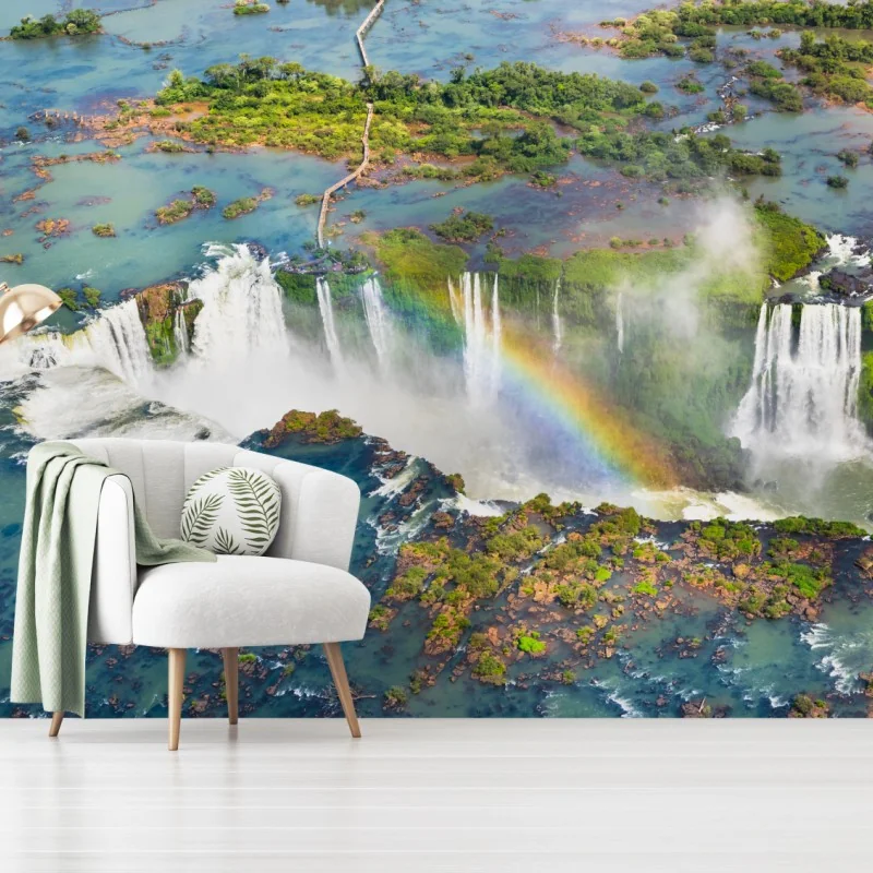 Fototapeta widok z lotu ptaka tropikalne wodospady z tęczą – Wallissimo® Fototapeta widok z lotu ptaka tropikalne wodospady z tęczą – Wallissimo®
