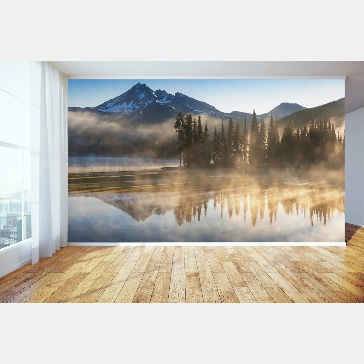 Fototapeta mglisty wschód słońca nad górami z odbiciem – Wallissimo® Fototapeta mglisty wschód słońca nad górami z odbiciem – Wallissimo®