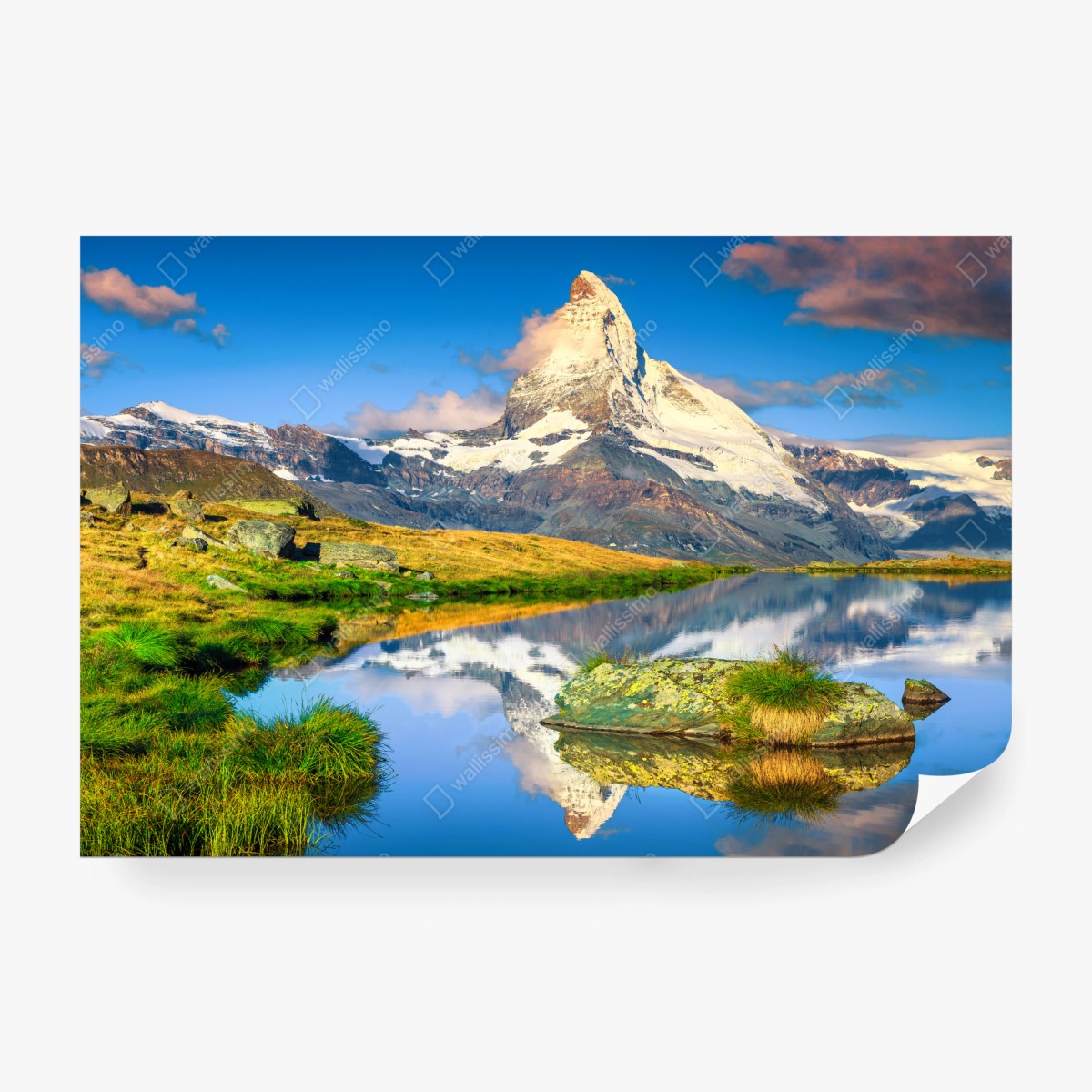 Fototapeta majestatyczny Matterhorn odbity w alpejskim jeziorze – Wallissimo® Fototapeta majestatyczny Matterhorn odbity w alpejskim jeziorze – Wallissimo®
