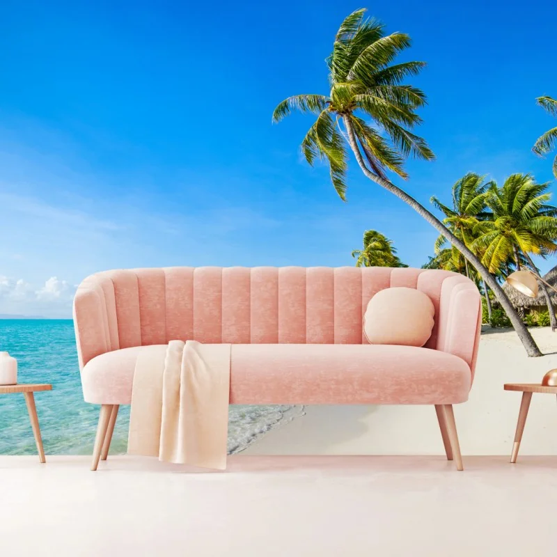 Fototapeta tropikalna turkusowa plaża z palmami – Wallissimo® Fototapeta tropikalna turkusowa plaża z palmami – Wallissimo®