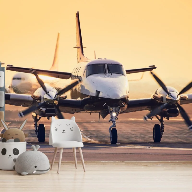 Fototapeta dwusilnikowy turboprop na złotym pasie startowym – Wallissimo® Fototapeta dwusilnikowy turboprop na złotym pasie startowym – Wallissimo®