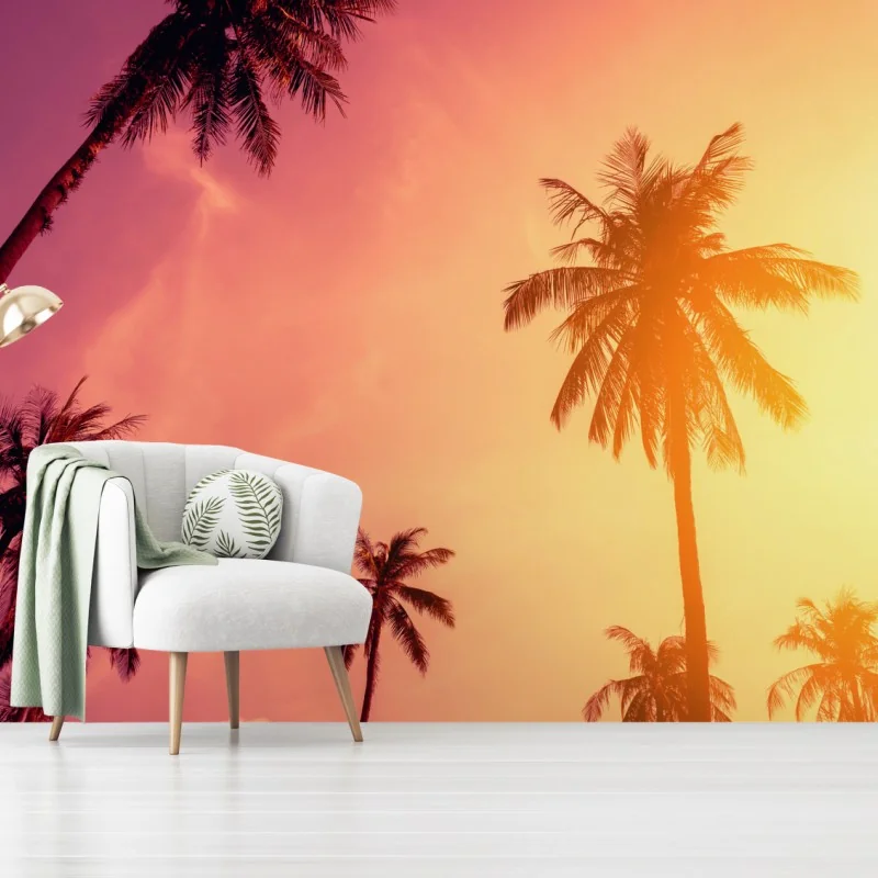 Fototapeta tropikalny zachód słońca z palmami – Wallissimo® Fototapeta tropikalny zachód słońca z palmami – Wallissimo®