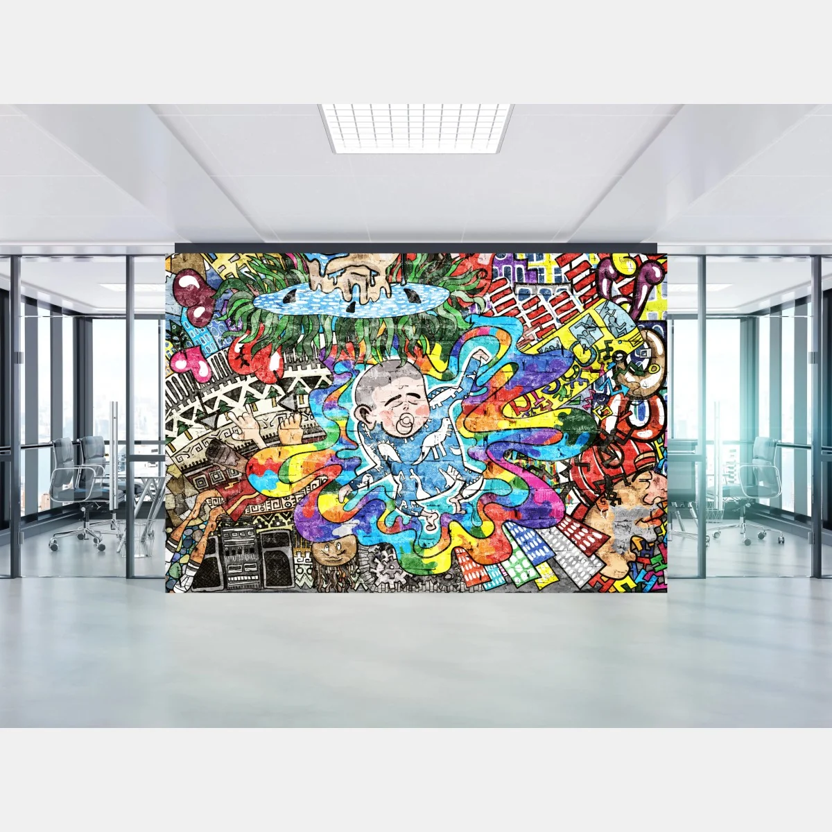Fototapeta kolorowy mural graffiti ze śniącym dzieckiem – Wallissimo® Fototapeta kolorowy mural graffiti ze śniącym dzieckiem – Wallissimo®