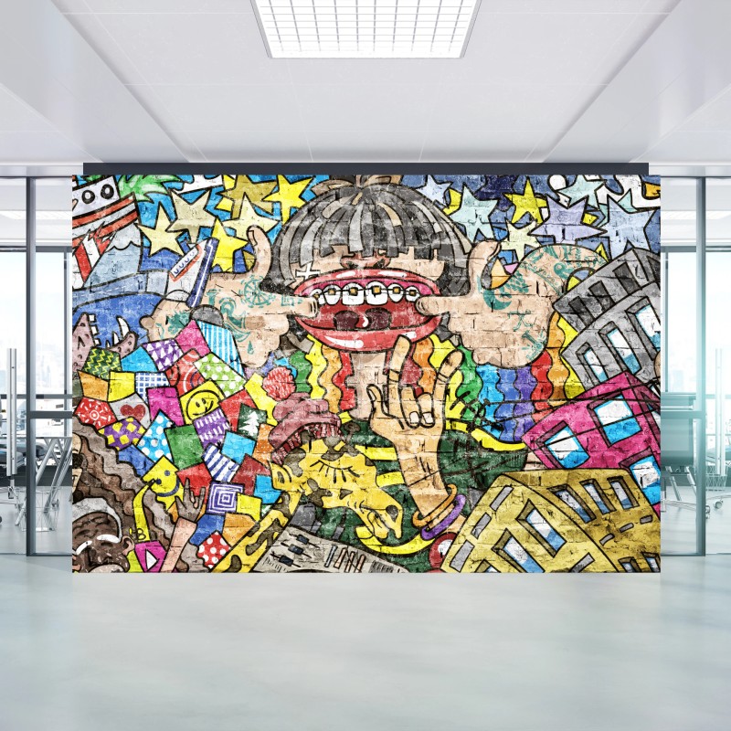 Fototapeta kolorowy mural graffiti z zabawną postacią – Wallissimo® Fototapeta kolorowy mural graffiti z zabawną postacią – Wallissimo®