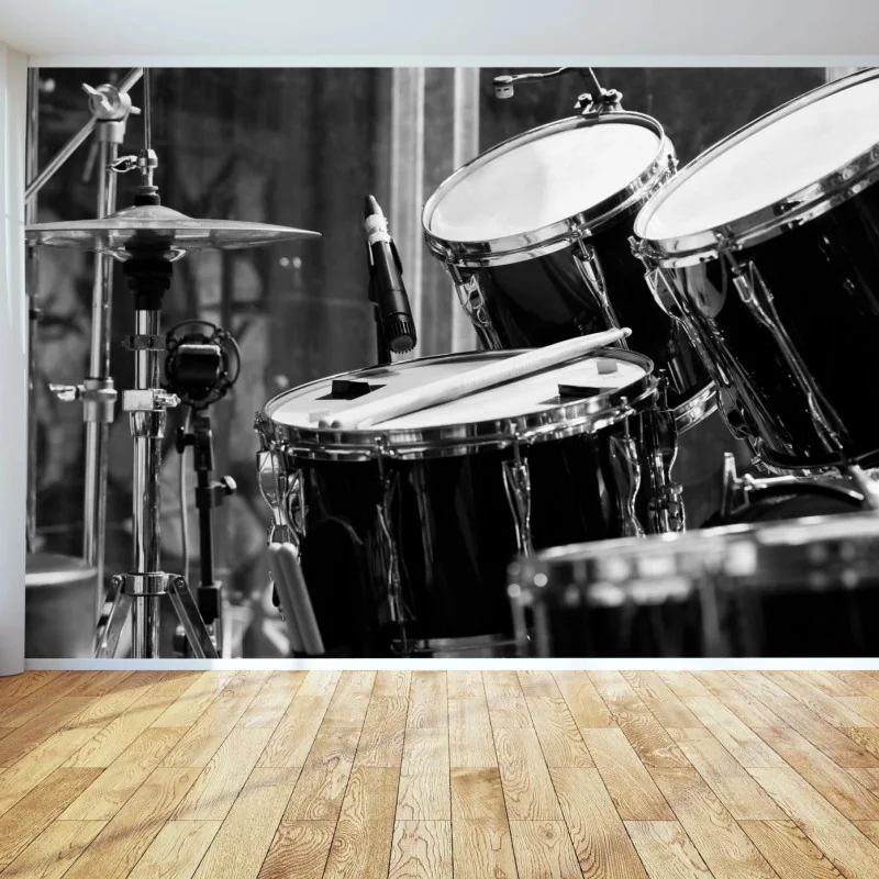 Fototapeta czarno-białe zbliżenie zestawu perkusyjnego – Wallissimo® Fototapeta czarno-białe zbliżenie zestawu perkusyjnego – Wallissimo®