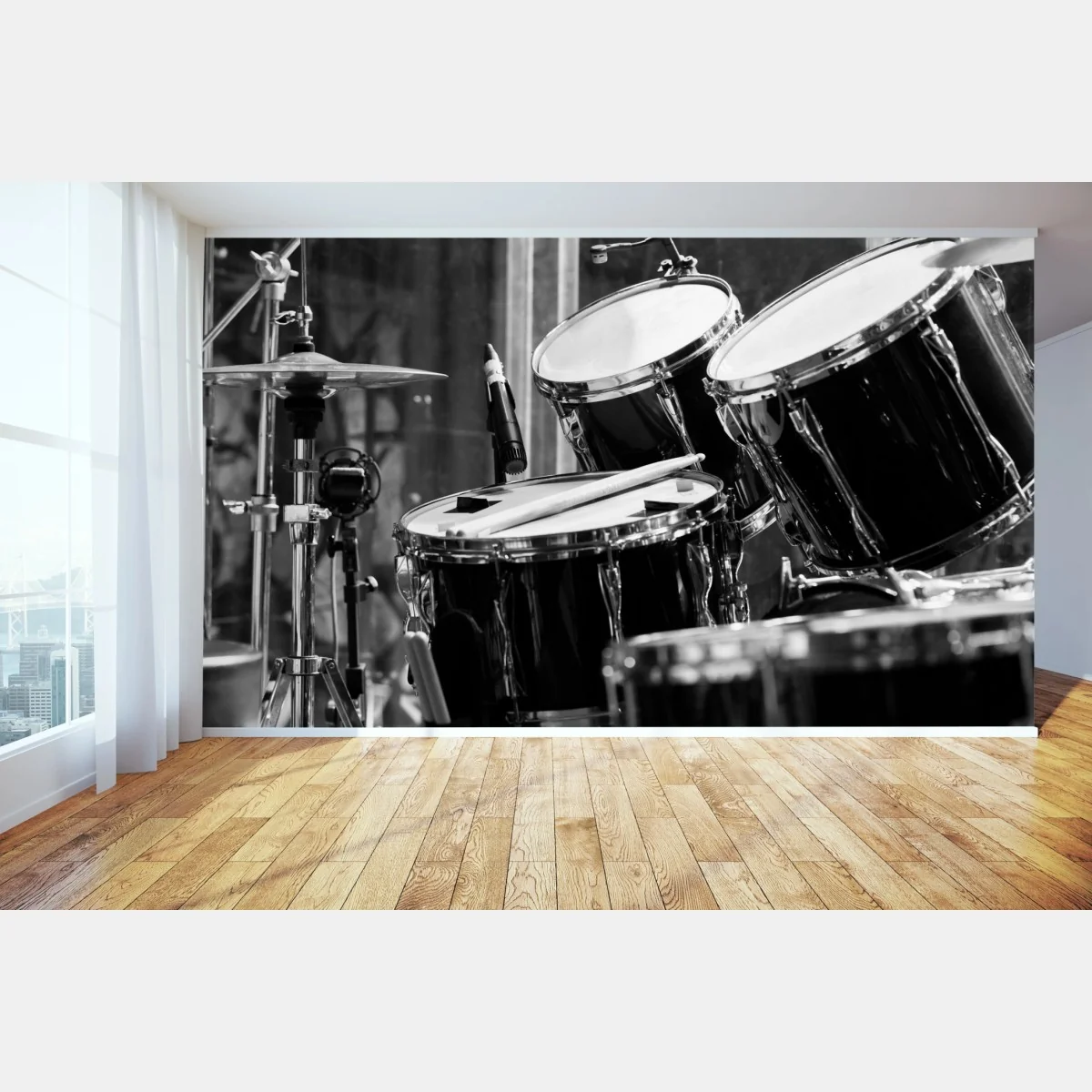 Fototapeta czarno-białe zbliżenie zestawu perkusyjnego – Wallissimo® Fototapeta czarno-białe zbliżenie zestawu perkusyjnego – Wallissimo®