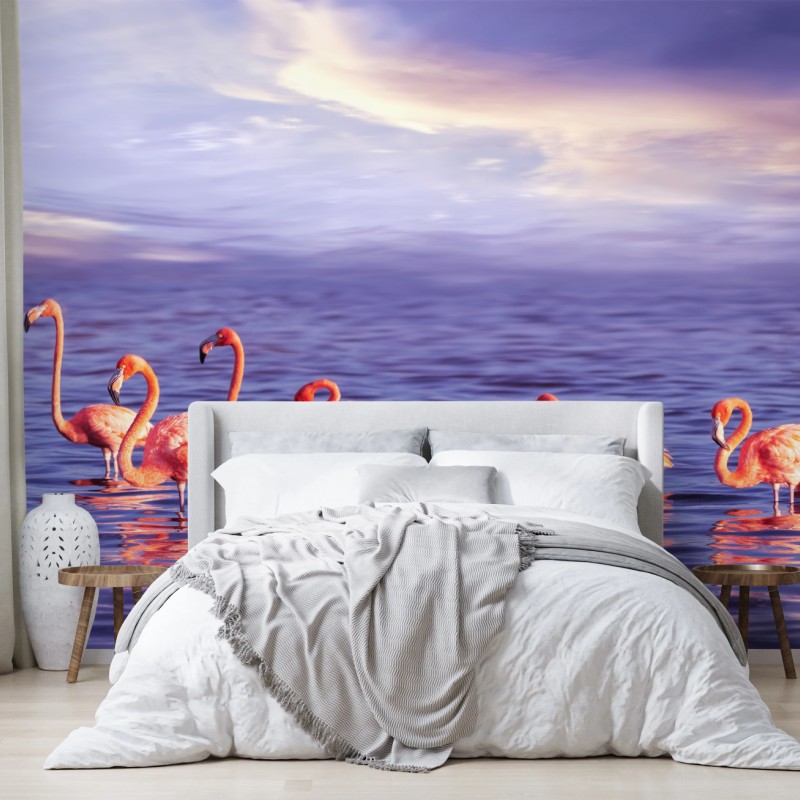 Fototapeta różowe flamingi w fioletowym zachodzie słońca – Wallissimo®