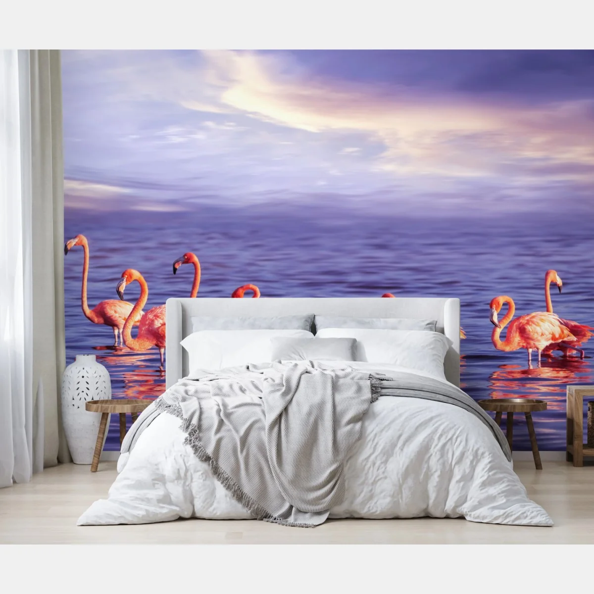 Fototapeta różowe flamingi w fioletowym zachodzie słońca – Wallissimo®
