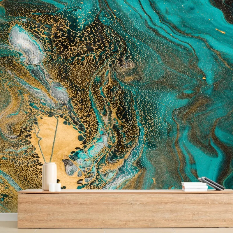 Fototapeta turkusowy i złoty płynny wir abstrakcji – Wallissimo® Fototapeta turkusowy i złoty płynny wir abstrakcji – Wallissimo®