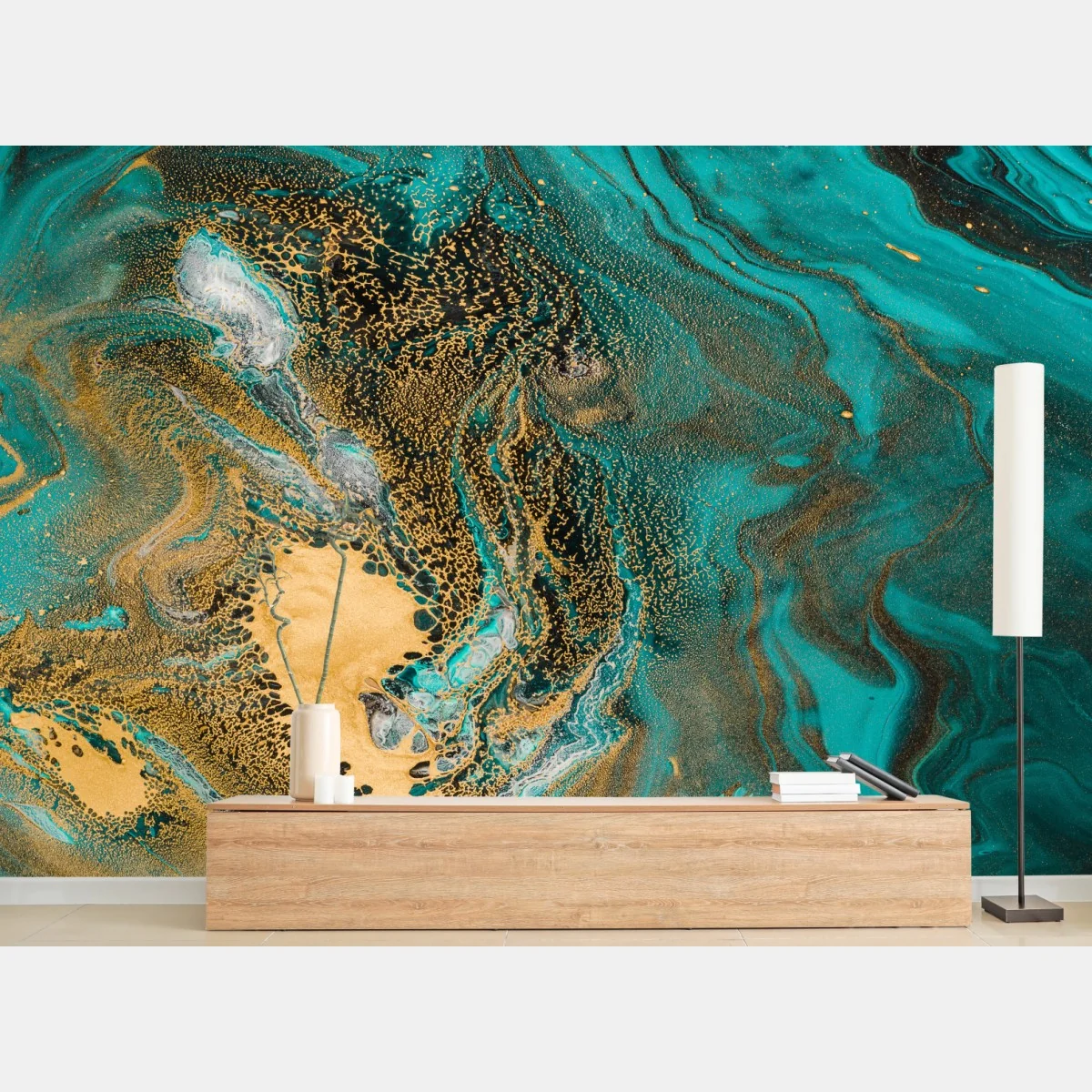 Fototapeta turkusowy i złoty płynny wir abstrakcji – Wallissimo® Fototapeta turkusowy i złoty płynny wir abstrakcji – Wallissimo®