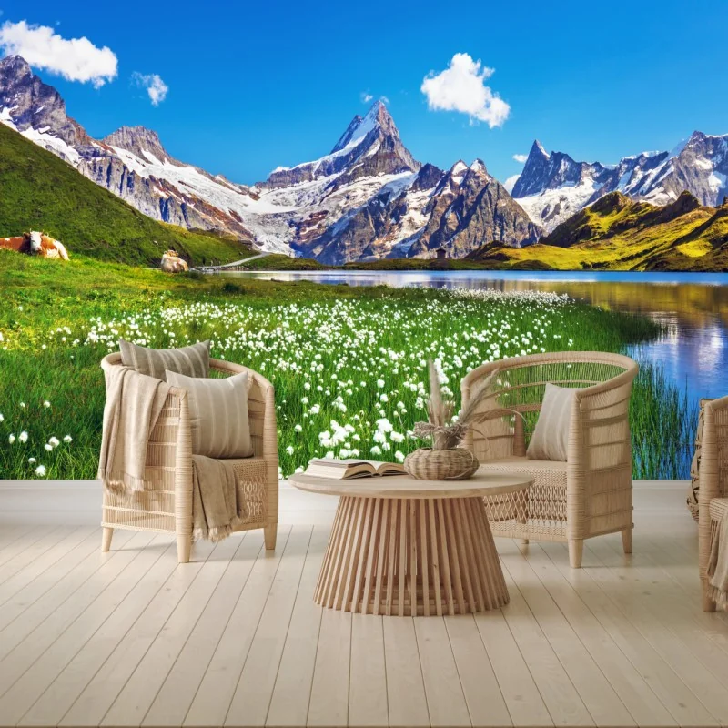 Fototapeta alpejskie jezioro z łąką pełną kwiatów – Wallissimo® Fototapeta alpejskie jezioro z łąką pełną kwiatów – Wallissimo®