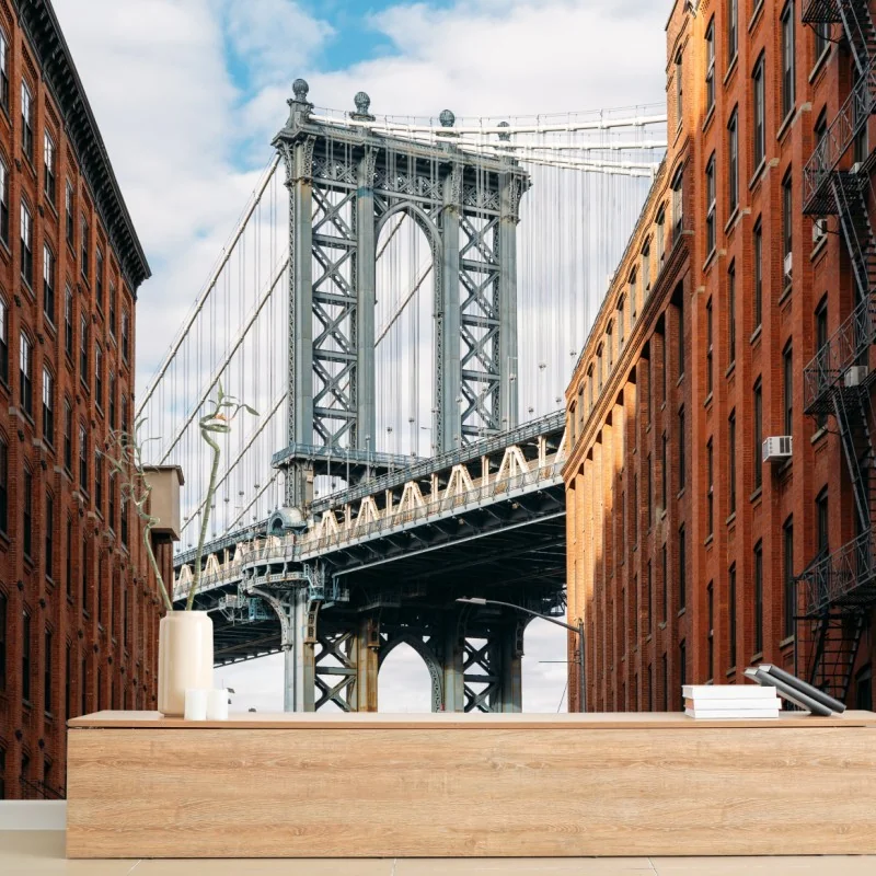 Fototapeta Brooklyn widok mostu między ceglanymi budynkami – Wallissimo® Fototapeta Brooklyn widok mostu między ceglanymi budynkami – Wallissimo®