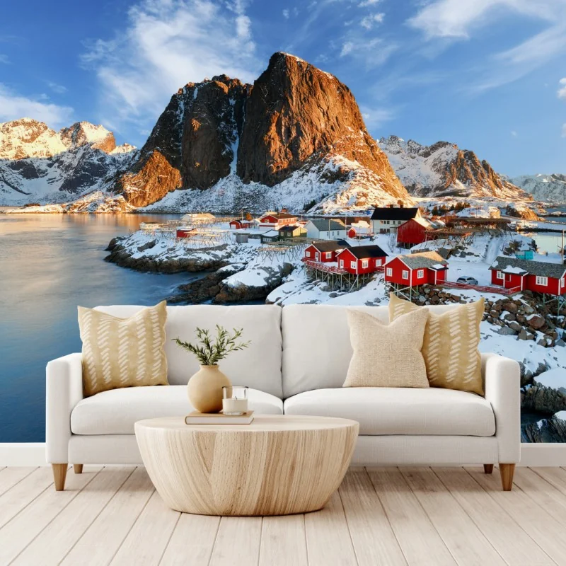 Fototapeta słoneczna wioska Hamnøy nad fiordem – Wallissimo® Fototapeta słoneczna wioska Hamnøy nad fiordem – Wallissimo®