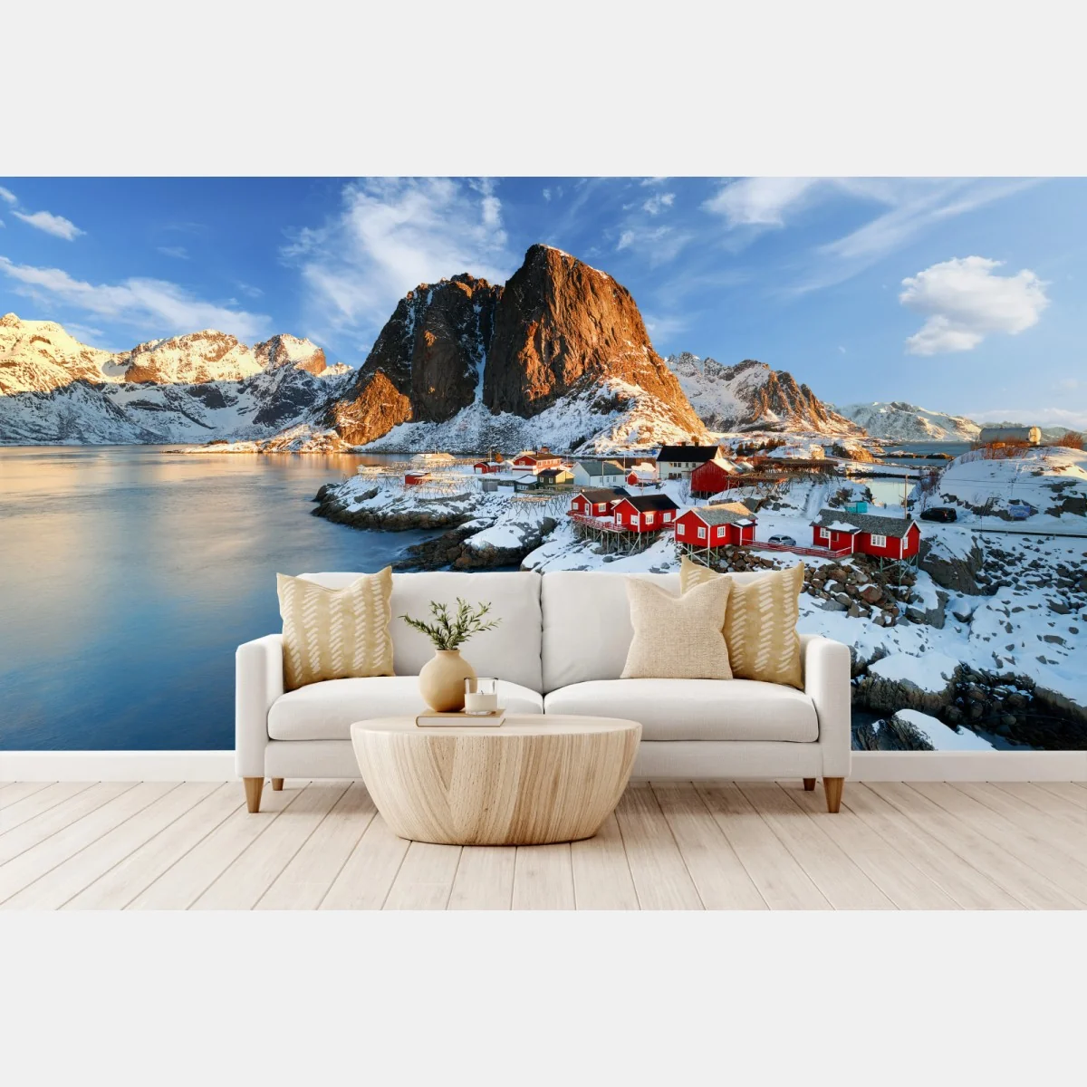 Fototapeta słoneczna wioska Hamnøy nad fiordem – Wallissimo® Fototapeta słoneczna wioska Hamnøy nad fiordem – Wallissimo®