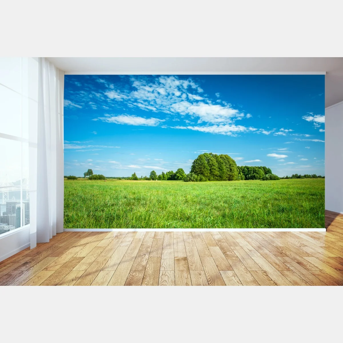 Fototapeta słoneczna zielona łąka pod niebieskim niebem – Wallissimo® Fototapeta słoneczna zielona łąka pod niebieskim niebem – Wallissimo®