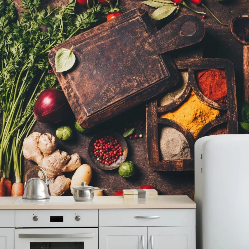 Fototapeta rustykalna kompozycja przypraw i świeżych warzyw – Wallissimo® Fototapeta rustykalna kompozycja przypraw i świeżych warzyw – Wallissimo®