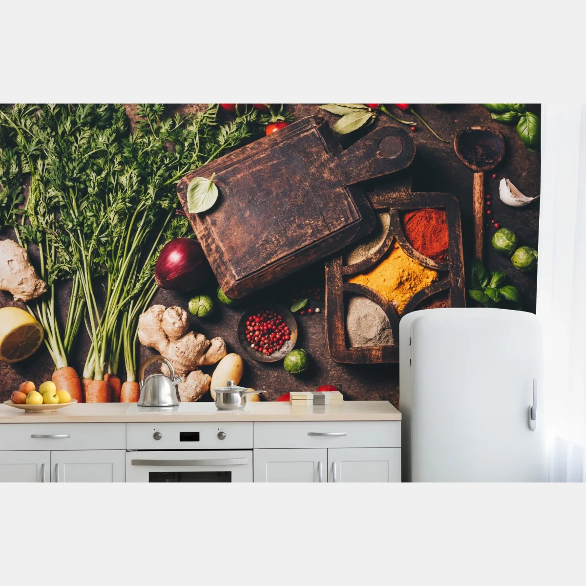 Fototapeta rustykalna kompozycja przypraw i świeżych warzyw – Wallissimo® Fototapeta rustykalna kompozycja przypraw i świeżych warzyw – Wallissimo®