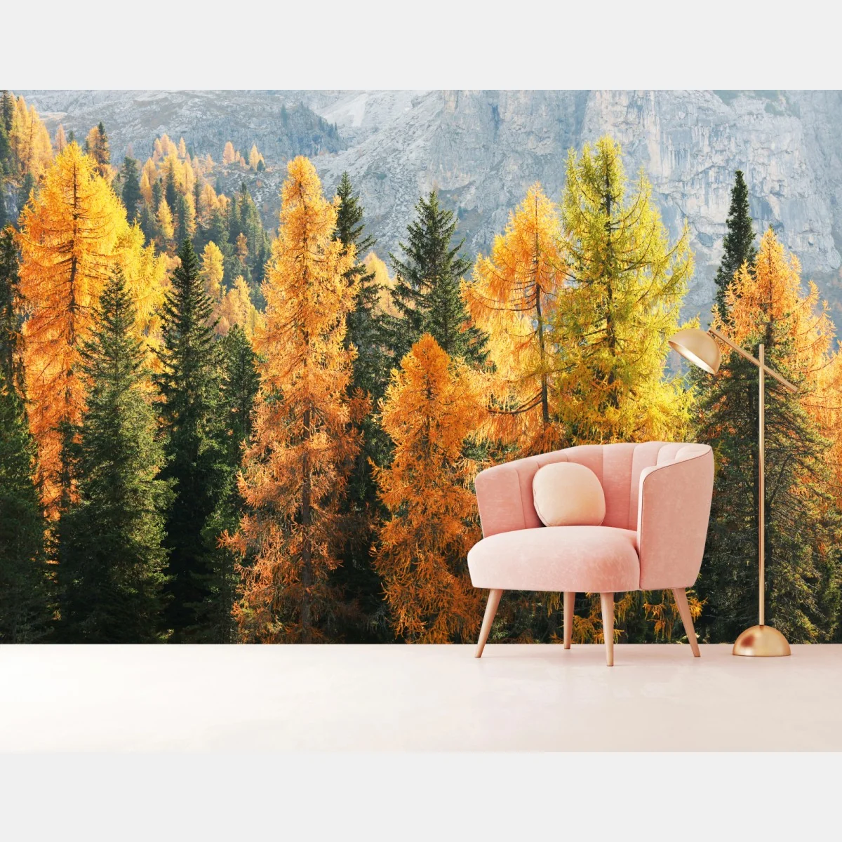 Fototapeta złoty jesienny las modrzewiowy – Wallissimo® Fototapeta złoty jesienny las modrzewiowy – Wallissimo®