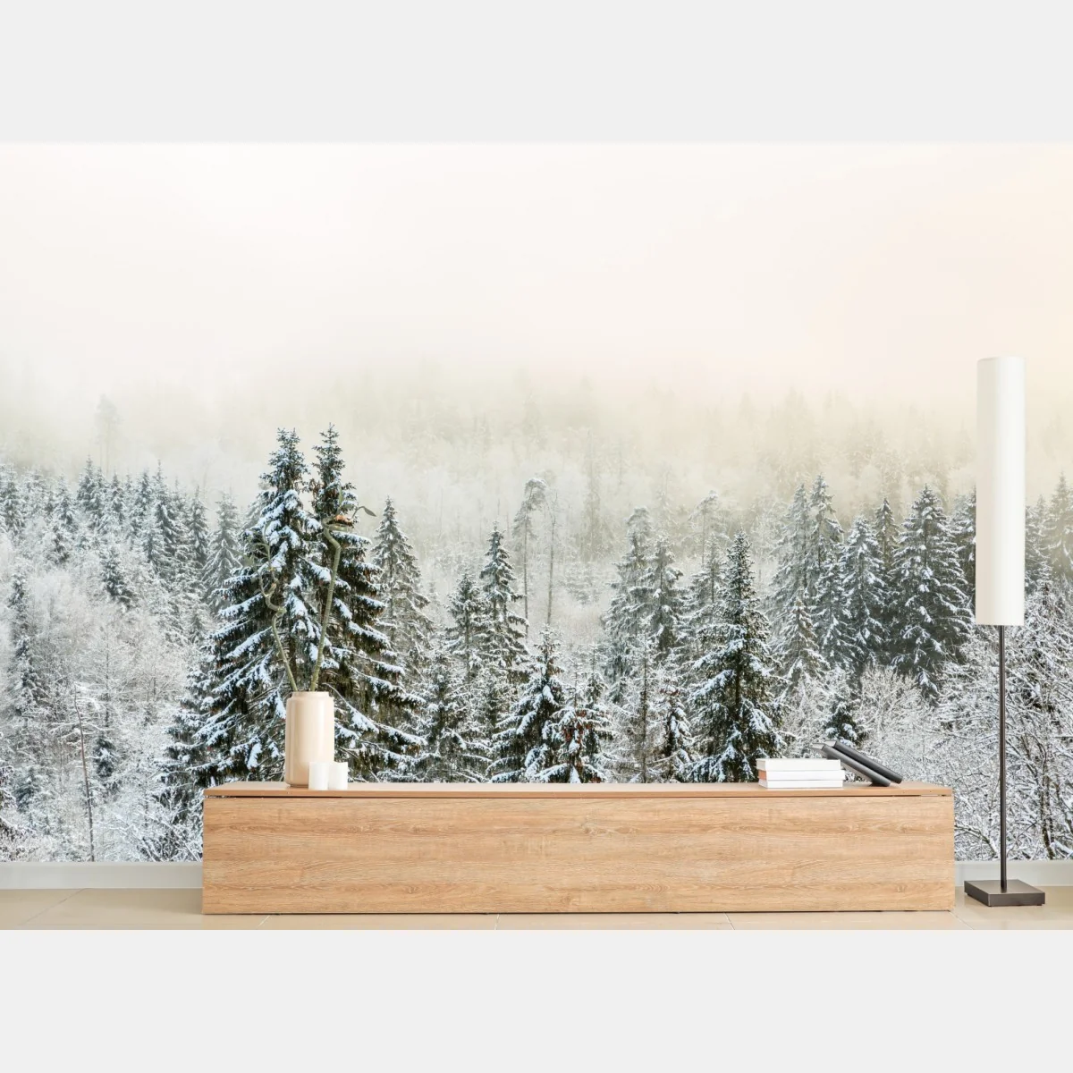 Fototapeta zimowy las w delikatnej mgle – Wallissimo® Fototapeta zimowy las w delikatnej mgle – Wallissimo®