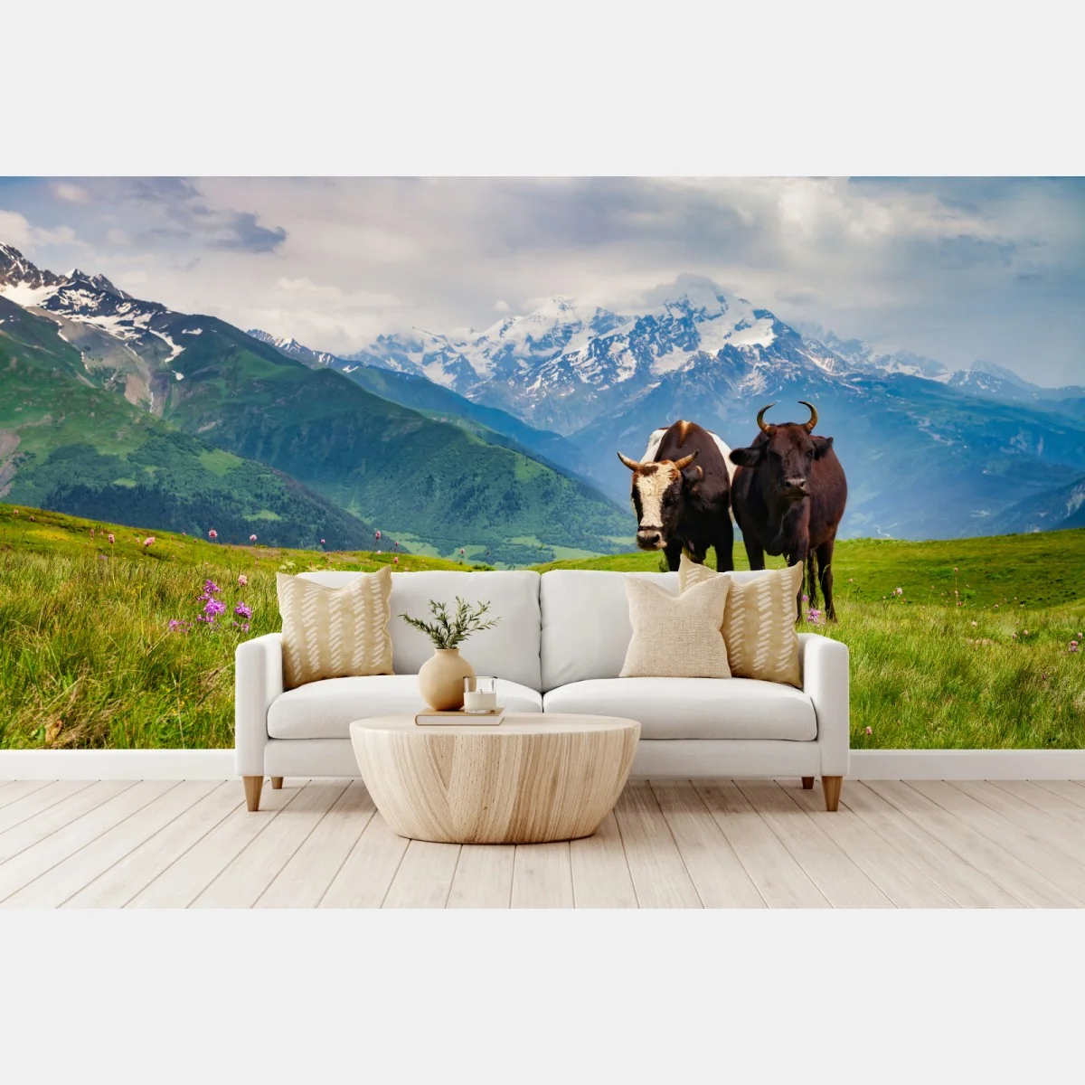 Fototapeta alpejska łąka z pasącymi się krowami – Wallissimo® Fototapeta alpejska łąka z pasącymi się krowami – Wallissimo®