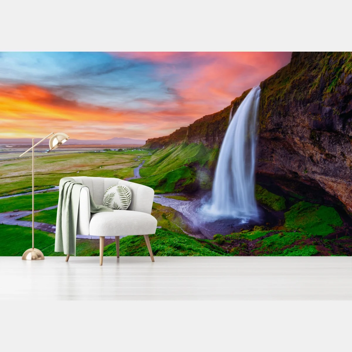 Fototapeta wodospad Seljalandsfoss o zachodzie słońca – Wallissimo® Fototapeta wodospad Seljalandsfoss o zachodzie słońca – Wallissimo®
