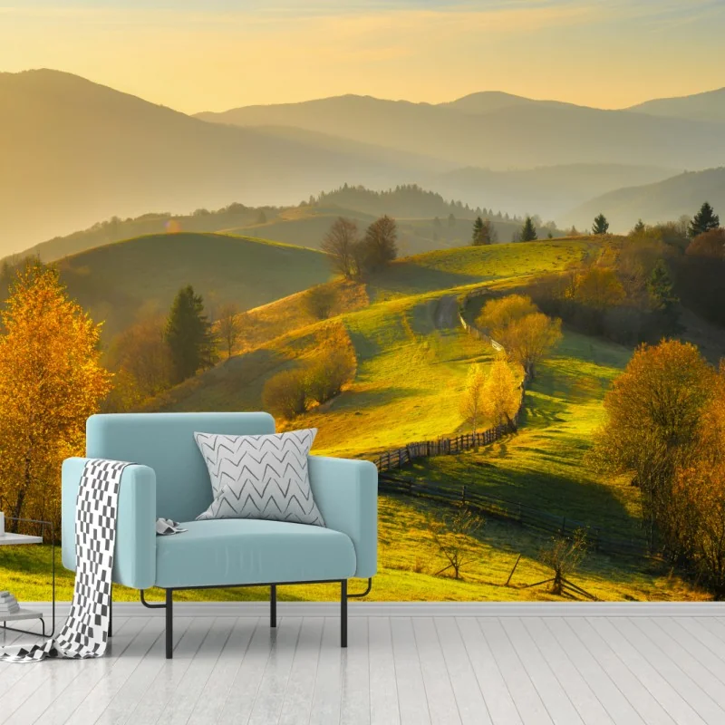 Fototapeta złote jesienne wzgórza o zachodzie słońca – Wallissimo® Fototapeta złote jesienne wzgórza o zachodzie słońca – Wallissimo®