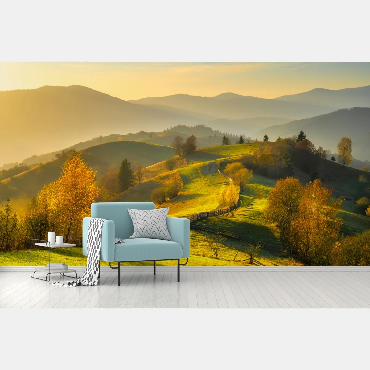 Fototapeta złote jesienne wzgórza o zachodzie słońca – Wallissimo® Fototapeta złote jesienne wzgórza o zachodzie słońca – Wallissimo®