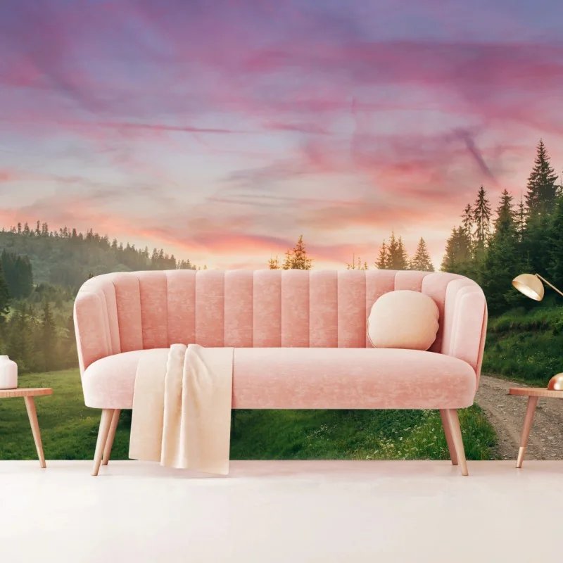 Fototapeta mglisty zachód słońca w sosnowym lesie – Wallissimo® Fototapeta mglisty zachód słońca w sosnowym lesie – Wallissimo®