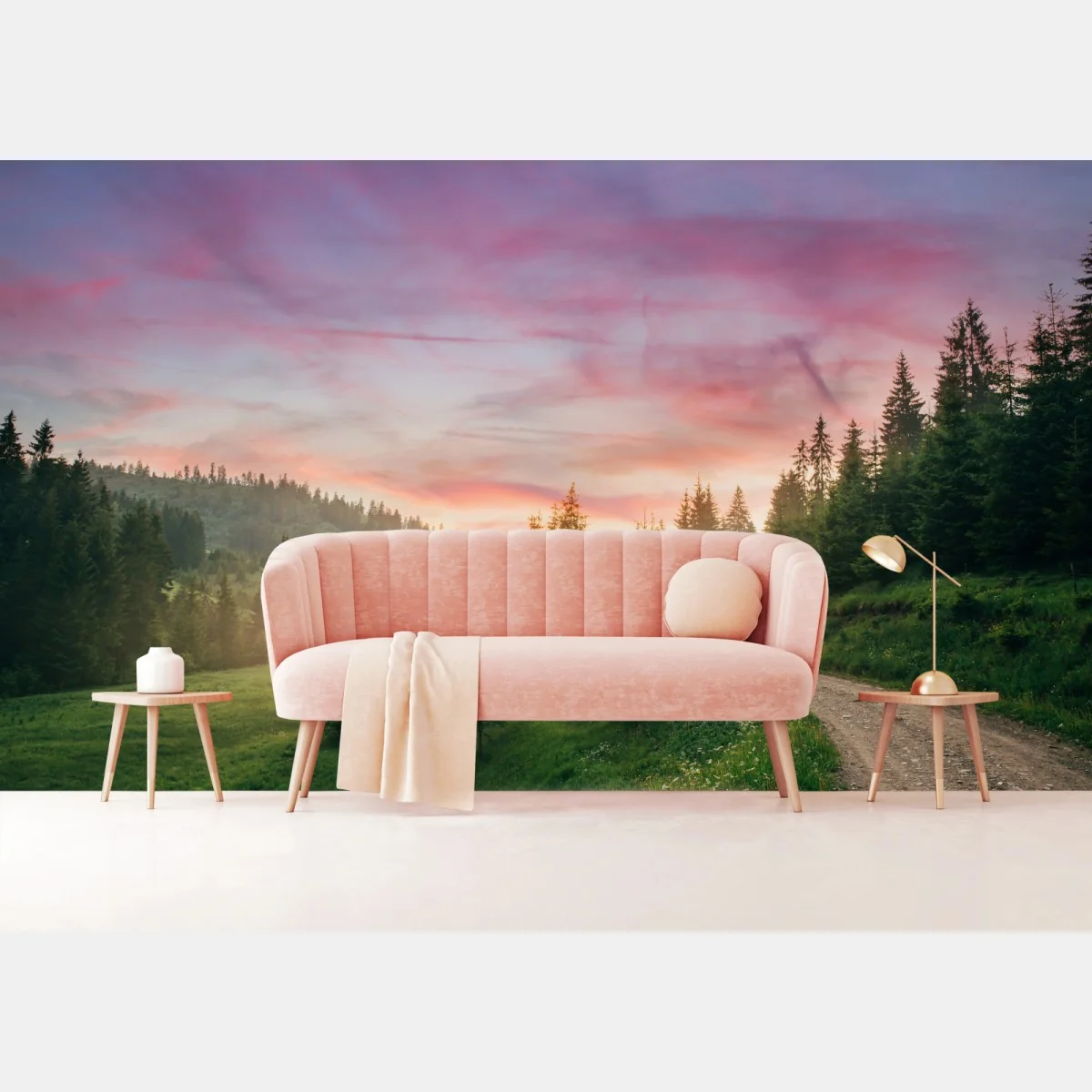 Fototapeta mglisty zachód słońca w sosnowym lesie – Wallissimo® Fototapeta mglisty zachód słońca w sosnowym lesie – Wallissimo®