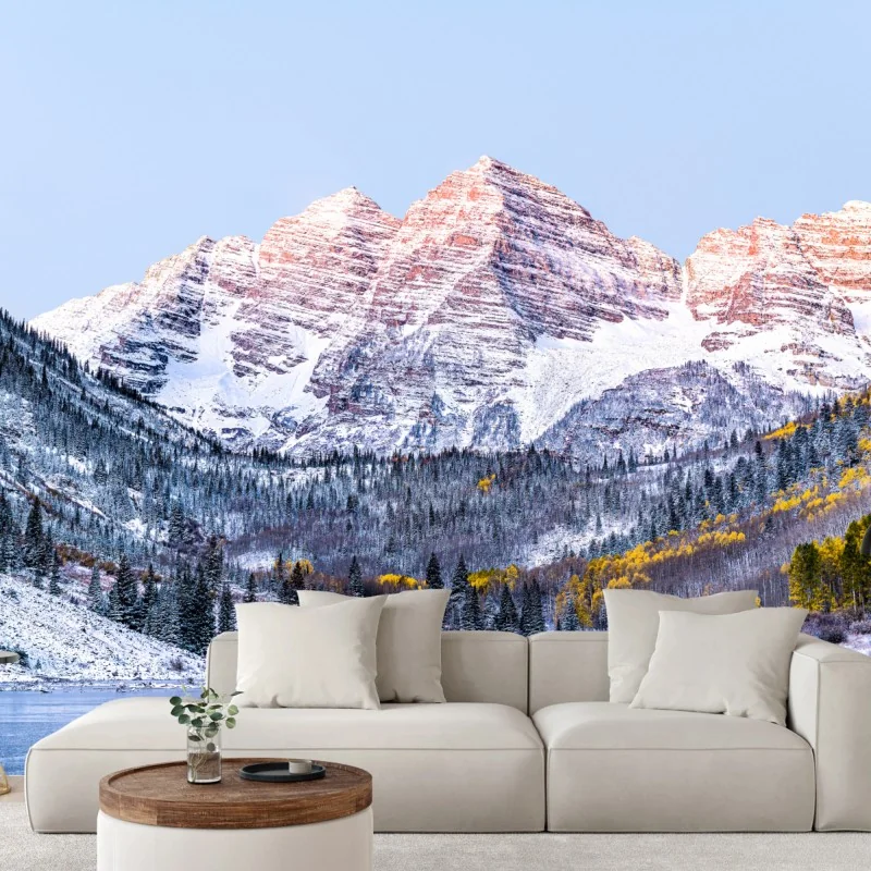 Fototapeta śnieżny poranek w górach nad jeziorem – Wallissimo® Fototapeta śnieżny poranek w górach nad jeziorem – Wallissimo®