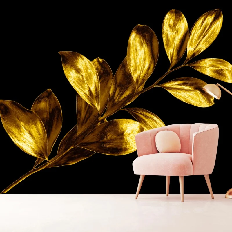 Fototapeta złota gałąź liści na czarnym tle