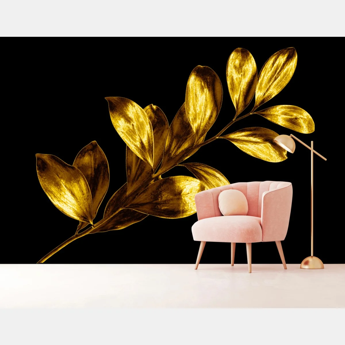 Fototapeta złota gałąź liści na czarnym tle – Wallissimo® Fototapeta złota gałąź liści na czarnym tle – Wallissimo®