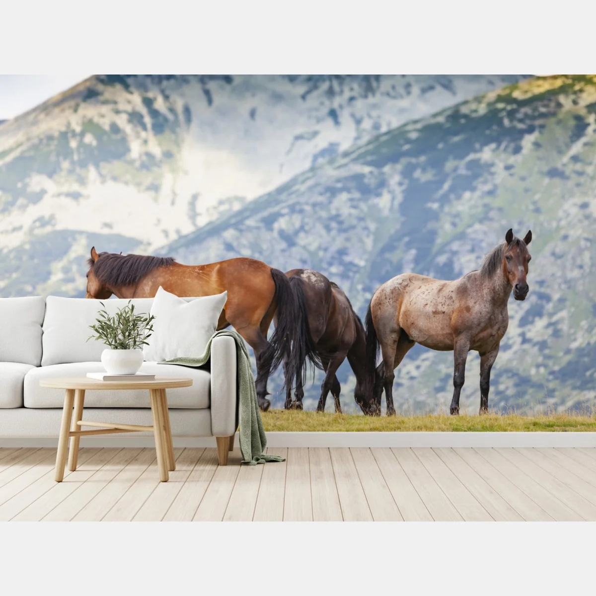 Fototapeta konie na górskiej łące – Wallissimo® Fototapeta konie na górskiej łące – Wallissimo®