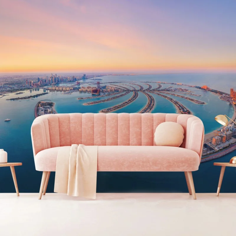 Fototapeta zachód słońca nad Palm Jumeirah widok z lotu ptaka – Wallissimo® Fototapeta zachód słońca nad Palm Jumeirah widok z lotu ptaka – Wallissimo®