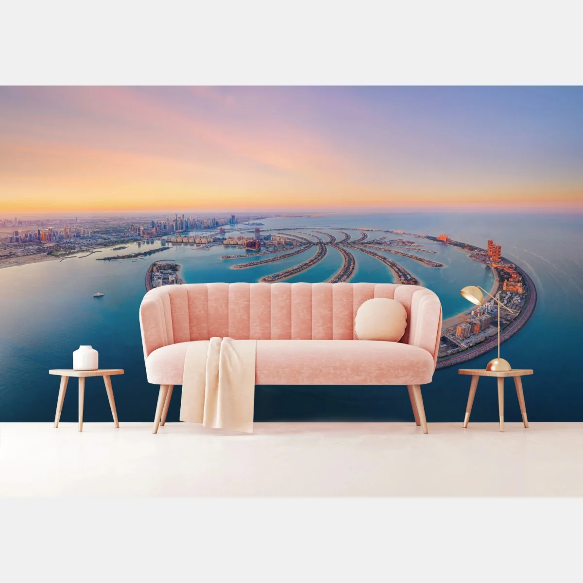 Fototapeta zachód słońca nad Palm Jumeirah widok z lotu ptaka – Wallissimo® Fototapeta zachód słońca nad Palm Jumeirah widok z lotu ptaka – Wallissimo®