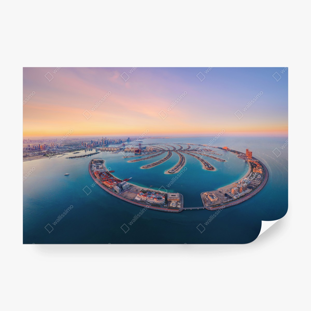 Fototapeta zachód słońca nad Palm Jumeirah widok z lotu ptaka – Wallissimo® Fototapeta zachód słońca nad Palm Jumeirah widok z lotu ptaka – Wallissimo®