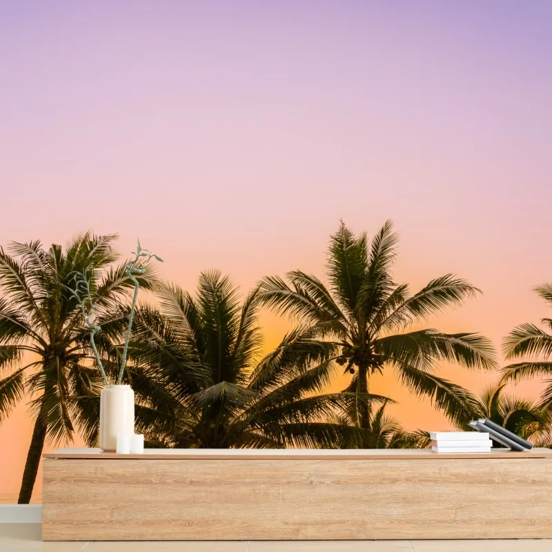 Fototapeta tropikalny zachód słońca z palmami na plaży – Wallissimo® Fototapeta tropikalny zachód słońca z palmami na plaży – Wallissimo®