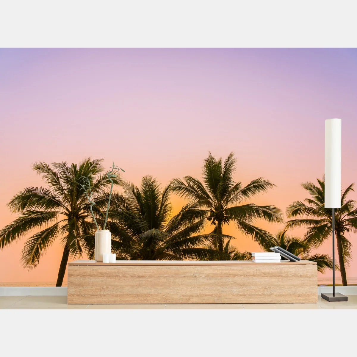 Fototapeta tropikalny zachód słońca z palmami na plaży – Wallissimo® Fototapeta tropikalny zachód słońca z palmami na plaży – Wallissimo®