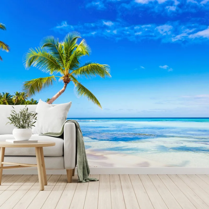 Fototapeta tropikalna plaża z palmą – Wallissimo® Fototapeta tropikalna plaża z palmą – Wallissimo®