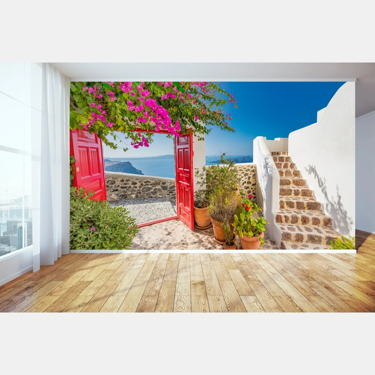 Fototapeta słoneczny taras śródziemnomorski z widokiem na morze – Wallissimo® Fototapeta słoneczny taras śródziemnomorski z widokiem na morze – Wallissimo®