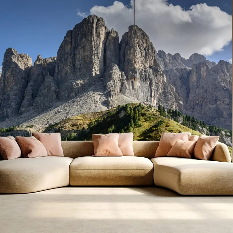 Fototapeta majestatyczne alpejskie szczyty nad zielonymi zboczami – Wallissimo® Fototapeta majestatyczne alpejskie szczyty nad zielonymi zboczami – Wallissimo®