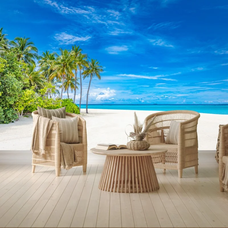 Fototapeta tropikalna plaża z palmami – Wallissimo® Fototapeta tropikalna plaża z palmami – Wallissimo®