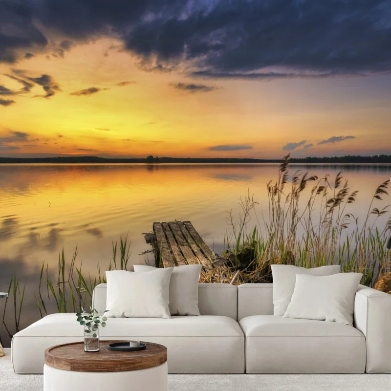 Fototapeta złoty zachód słońca nad jeziorem – Wallissimo® Fototapeta złoty zachód słońca nad jeziorem – Wallissimo®