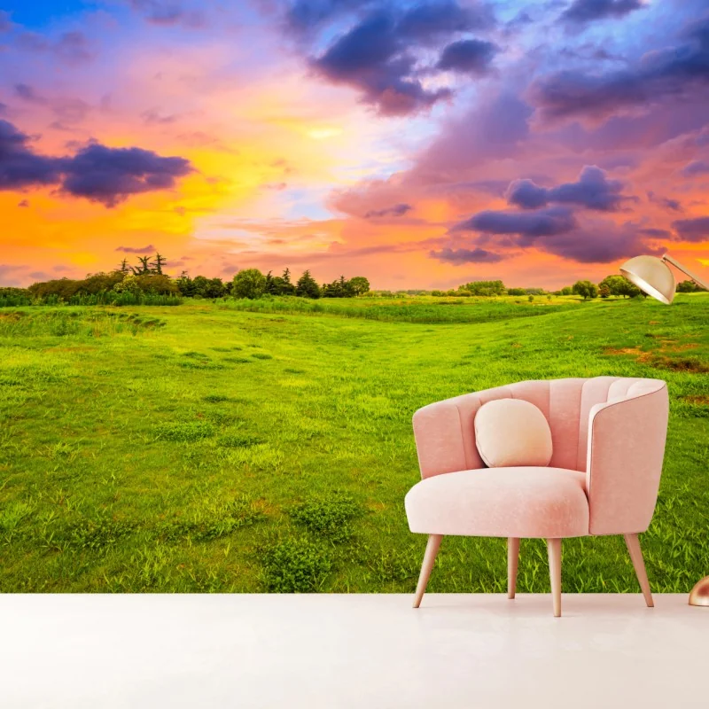 Fototapeta zachód słońca nad zieloną łąką – Wallissimo® Fototapeta zachód słońca nad zieloną łąką – Wallissimo®