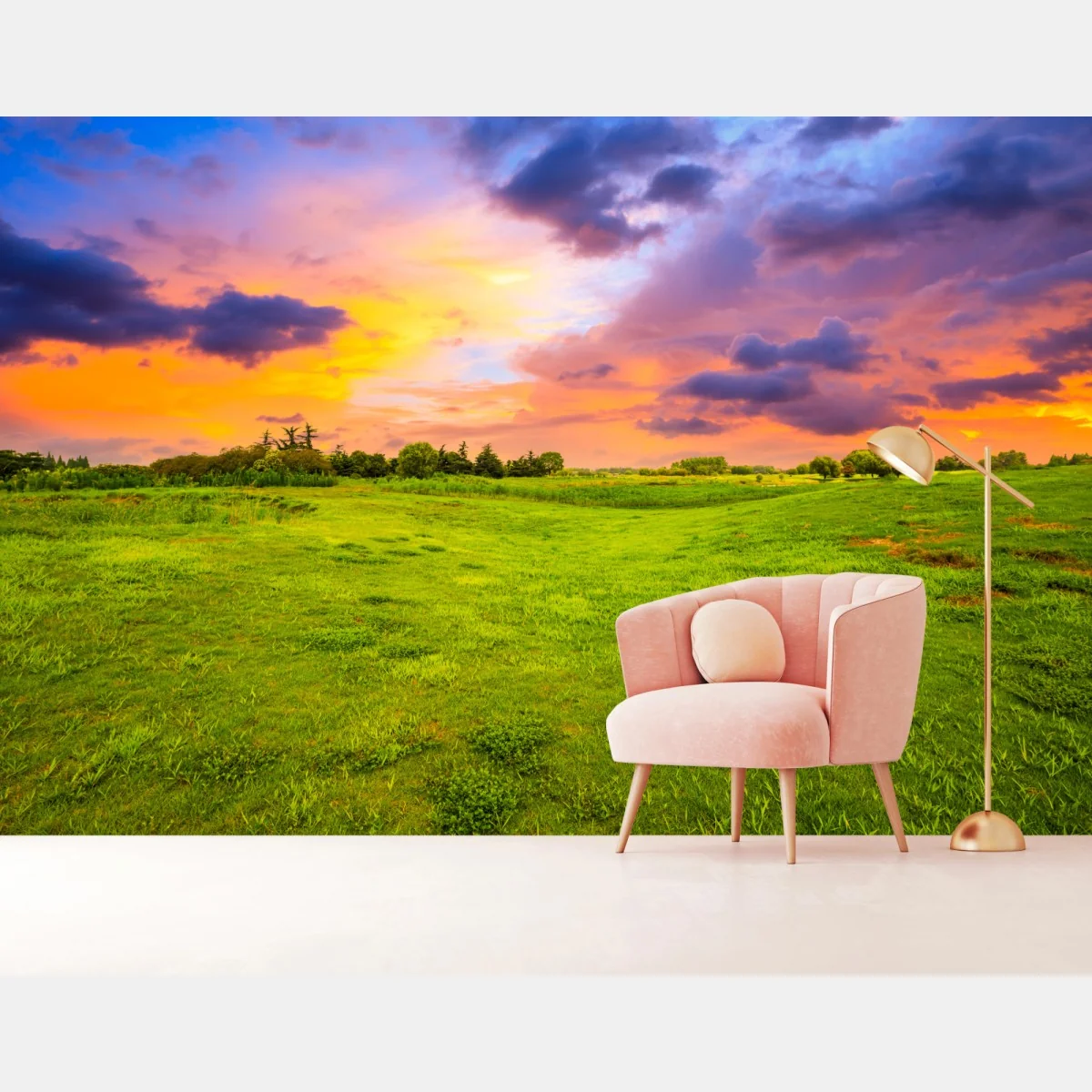 Fototapeta zachód słońca nad zieloną łąką – Wallissimo® Fototapeta zachód słońca nad zieloną łąką – Wallissimo®