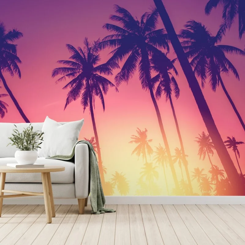 Fototapeta tropikalny zachód słońca z palmami – Wallissimo® Fototapeta tropikalny zachód słońca z palmami – Wallissimo®