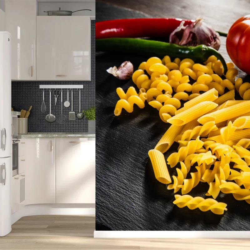 Fototapeta zbiór suchych makaronów i świeże składniki – Wallissimo® Fototapeta zbiór suchych makaronów i świeże składniki – Wallissimo®