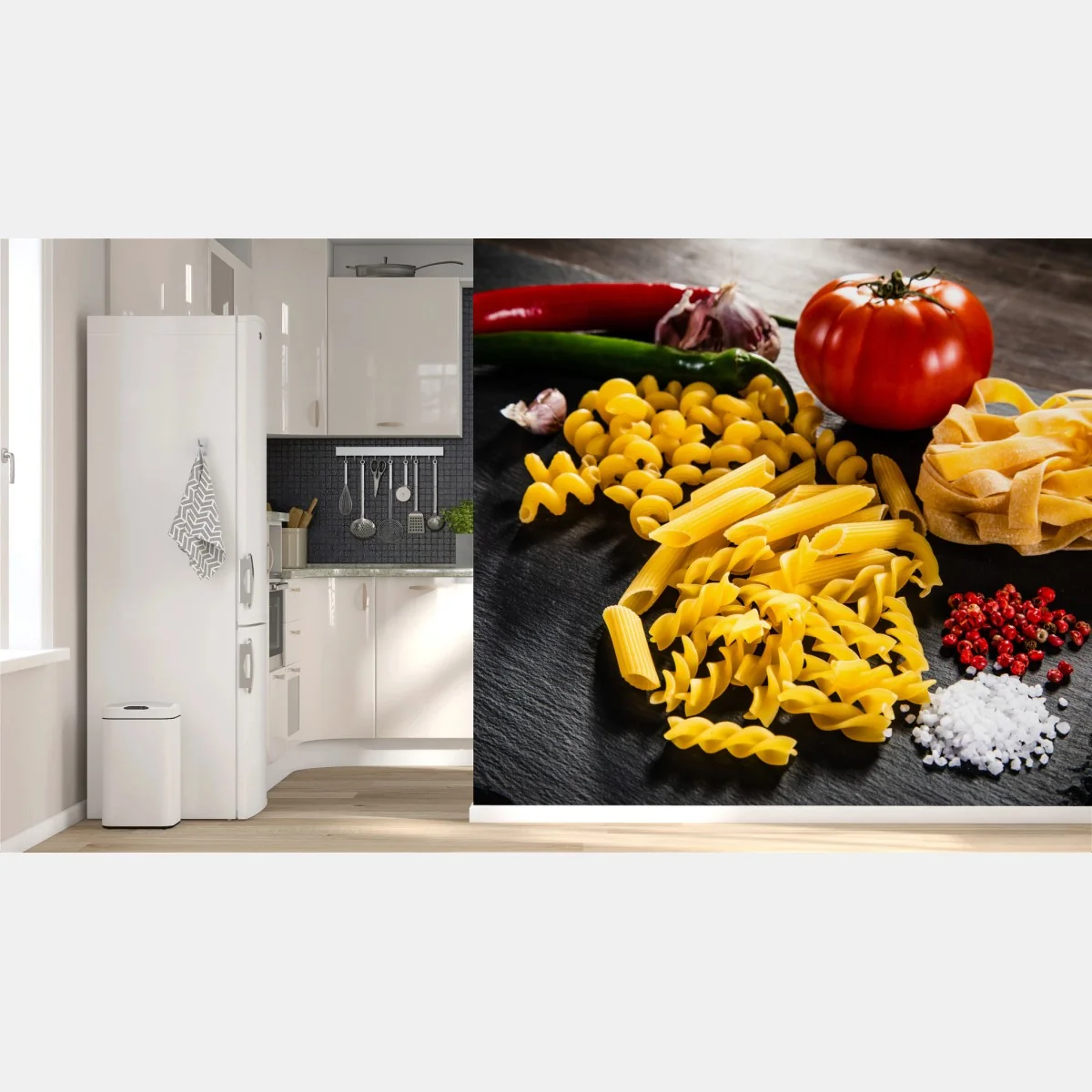 Fototapeta zbiór suchych makaronów i świeże składniki – Wallissimo® Fototapeta zbiór suchych makaronów i świeże składniki – Wallissimo®