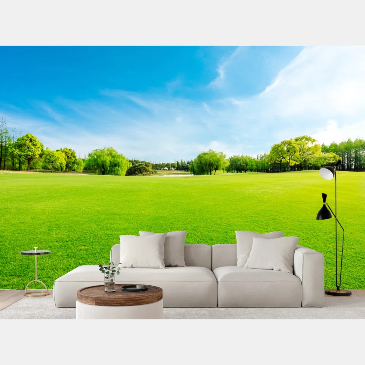 Fototapeta spokojna zielona łąka pod błękitnym niebem – Wallissimo® Fototapeta spokojna zielona łąka pod błękitnym niebem – Wallissimo®