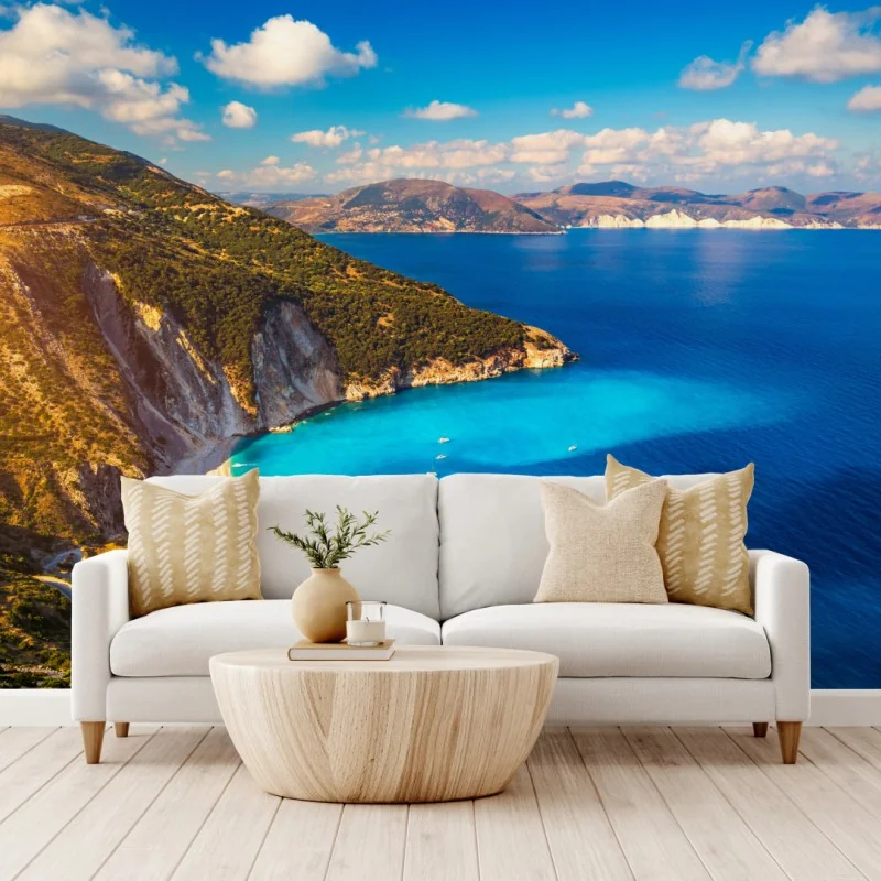 Fototapeta słoneczny widok na plażę Myrtos, Kefalonia – Wallissimo® Fototapeta słoneczny widok na plażę Myrtos, Kefalonia – Wallissimo®